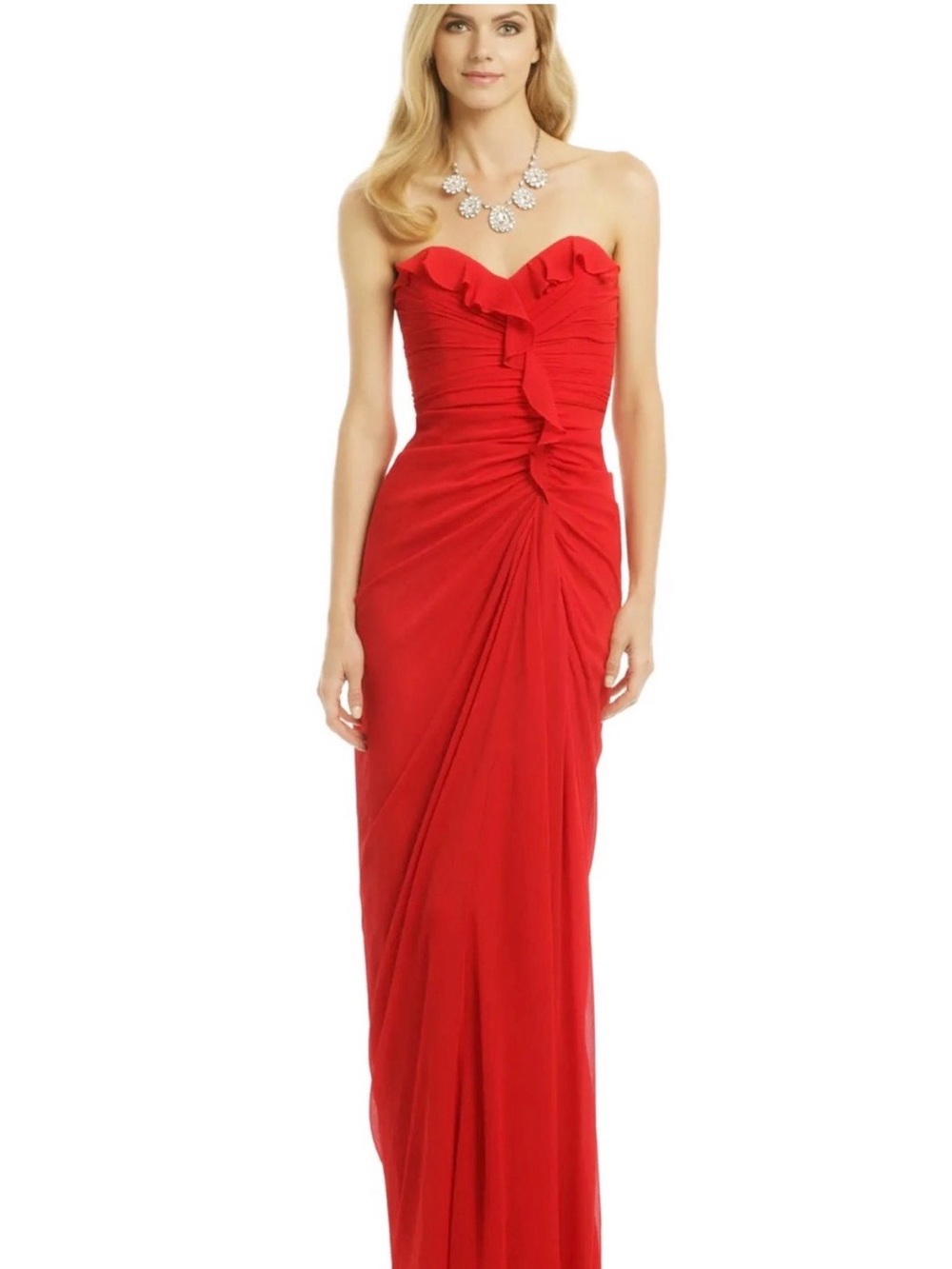 Badgley Mischka Strapless Red Ruffle-Detail Evening Gown